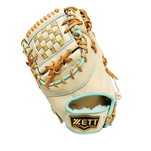 ZETT Pro Model Elite 12.5 inch LHT First Base Mitt - Beige/Skyblue